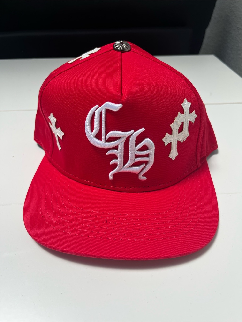Red Embroidered Snapback Hat with White Gothic Accents